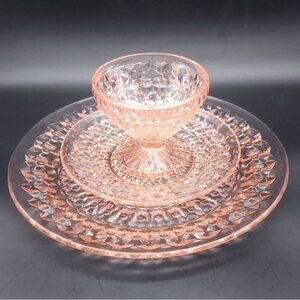 Vintage Jeannette Glass Pink Holiday Button & Bows Place Setting 3-Piece Set